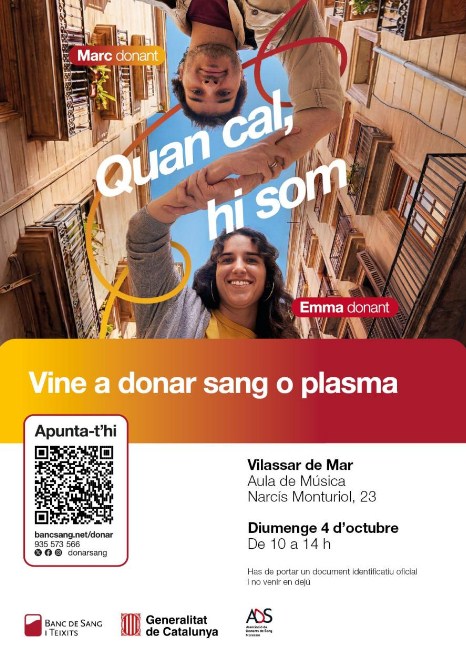 Dona sangre en Vilassar de Mar el domingo 4 de octubre de 2026, de 10 a 14 h en el Aula de Música. Consulta requisitos y reserva cita previa.